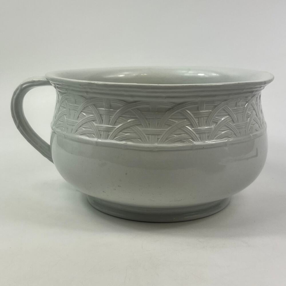 Antique White Ironstone Chamber Pot With Woven Relief Band & Handle 5.25"x8.75"